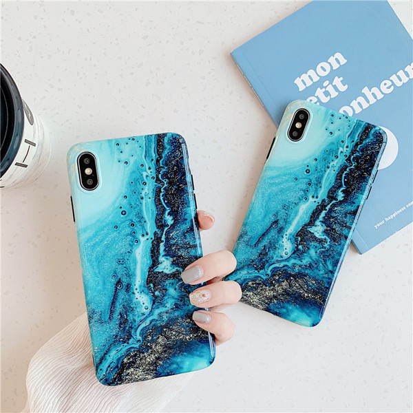 Калъф за  Iphone X/XS с мраморен ефект и лъскави частици  в син цвят