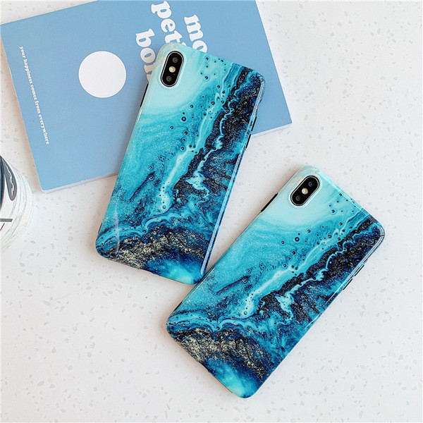 Калъф за  Iphone X/XS с мраморен ефект и лъскави частици  в син цвят