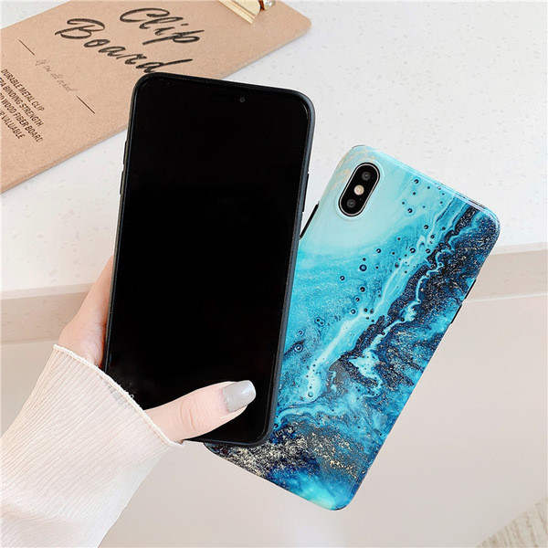 Калъф за  Iphone X/XS с мраморен ефект и лъскави частици  в син цвят