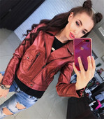 Női bőrdzseki spitz nyakkivágással, fehér, fekete és piros színben