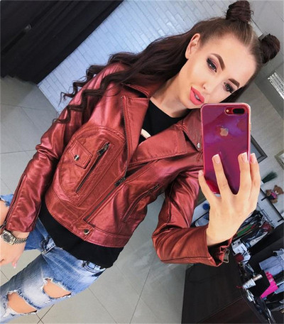 Női bőrdzseki spitz nyakkivágással, fehér, fekete és piros színben