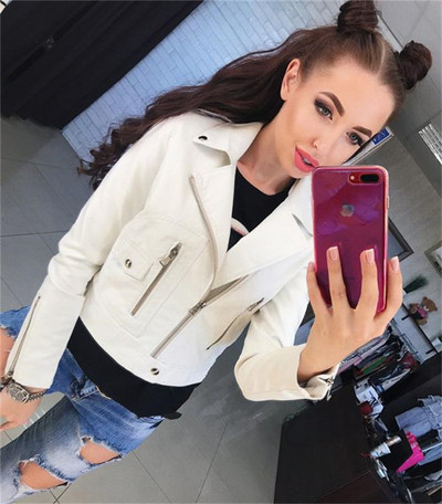 Női bőrdzseki spitz nyakkivágással, fehér, fekete és piros színben