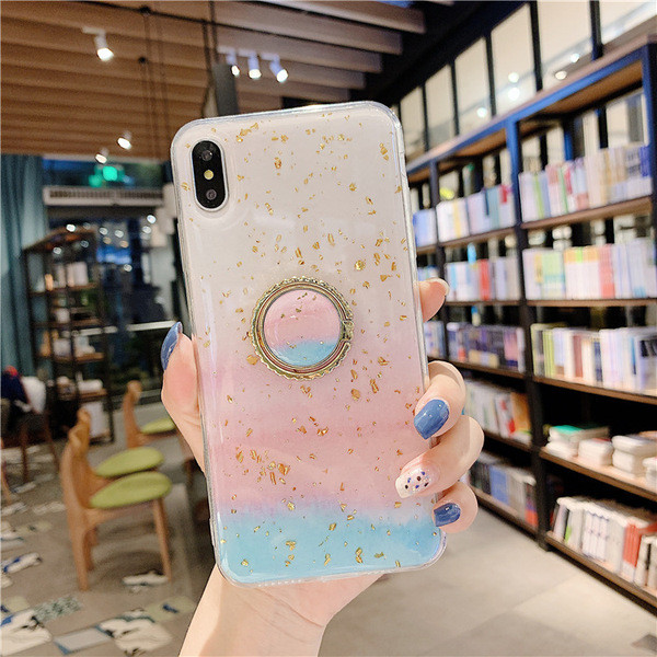 Színes szilikon tok fényes arany részecskékkel + gyűrű Iphone X / XS-hez - két modell