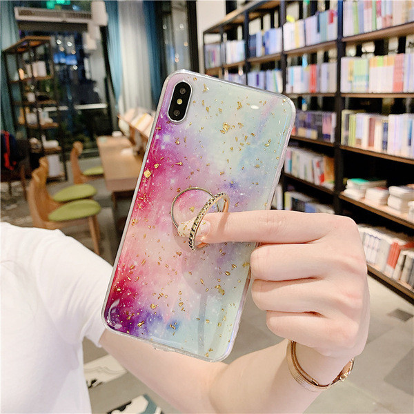 Színes szilikon tok fényes arany részecskékkel + gyűrű Iphone X / XS-hez - két modell