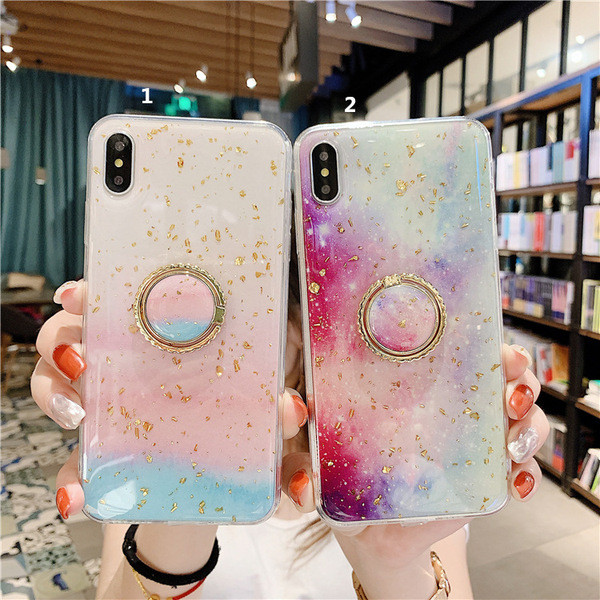 Színes szilikon tok fényes arany részecskékkel + gyűrű Iphone X / XS-hez - két modell