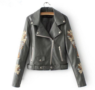 Női bőrdzseki színes fekete, szürke és piros hímzéssel