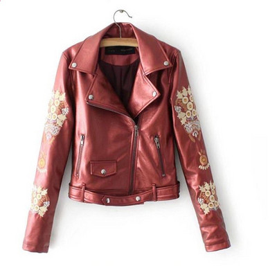 Női bőrdzseki színes fekete, szürke és piros hímzéssel