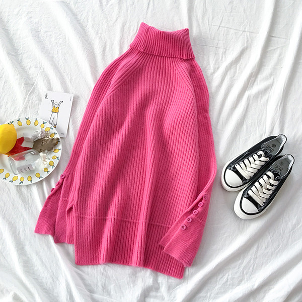 Modern női pulóver magas gallérral és gombokkal, három színben