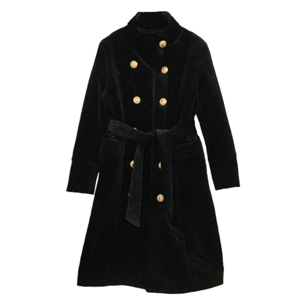 Модерно дамско палто с копчета и колан в черен цвят