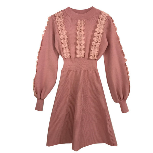 Női kötött ruha polo gallérral, csipkével és széles ujjakkal több színben