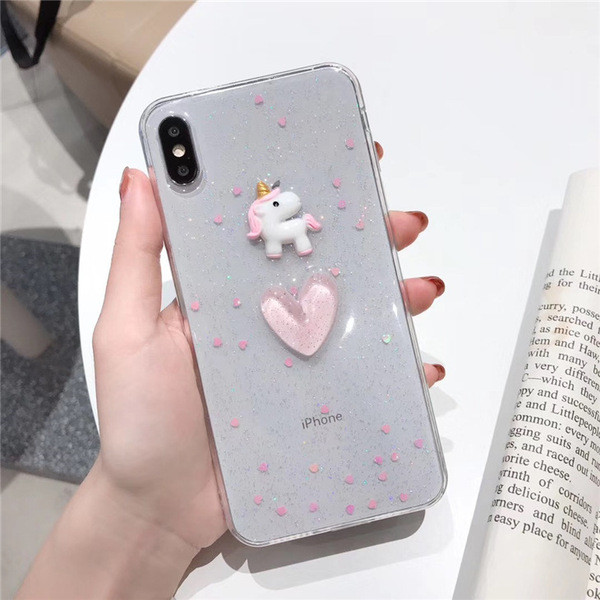 Силиконов калъф с лъскави частици и 3D елемент еднорог и сърце за Iphone X/XS