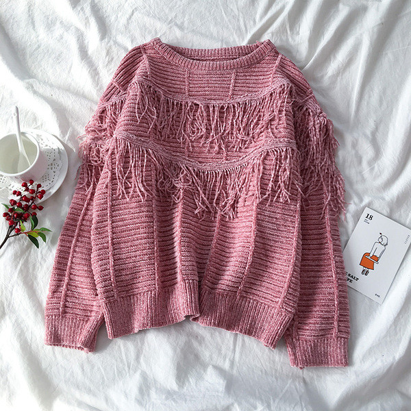 Γυναικείο πουλόβερσε τρία χρώματα με κρόσσια και οβάλ ντεκολτέ