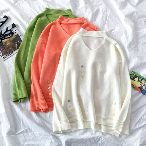 Μοντέρνο γυαικείο πουλόβερ  σε τρία χρώματα με V-neck και μακρύ μανίκι