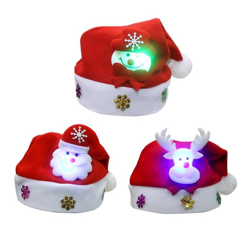 Коледна шапка с 3D декорация на Дядо Коледа, снежен човек или елен и LED светлина в червен цвят