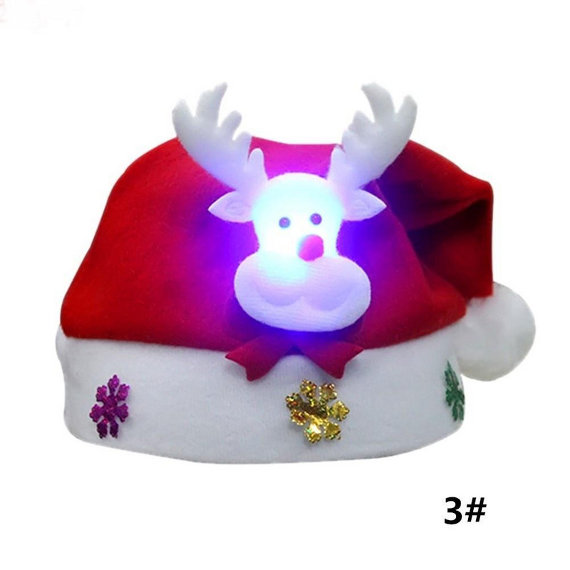 Karácsonyi sapka 3D Mikulás, hóember vagy szarvas díszítéssel és piros LED lámpával