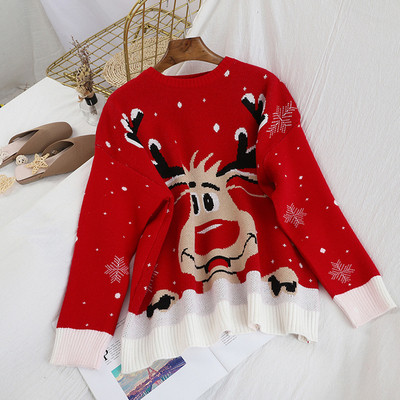 Karácsonyi női pulóver fekete és piros színben, ovális nyakkivágással