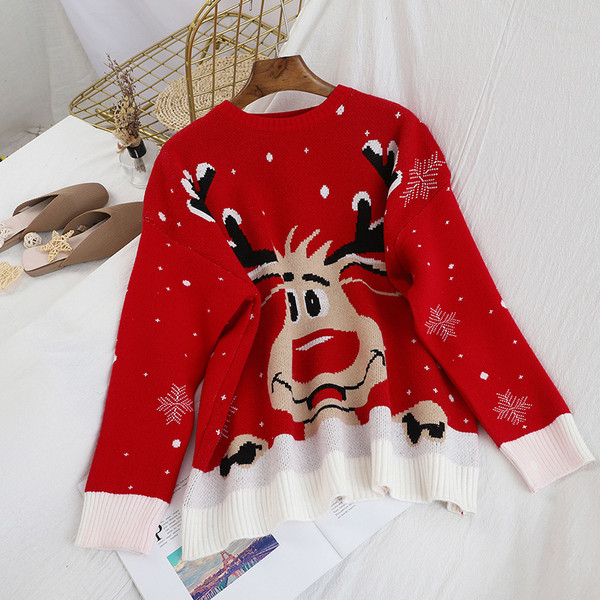 Karácsonyi női pulóver fekete és piros színben, ovális nyakkivágással