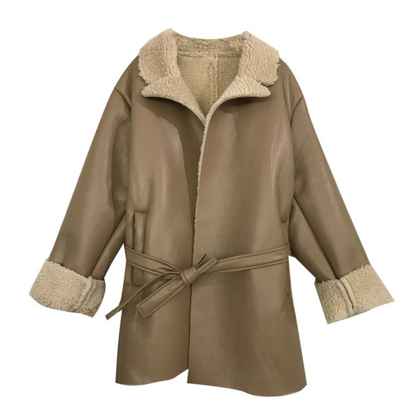 Új modell női bőrkabát övvel és puha béléssel fehér, barna és fekete színekben