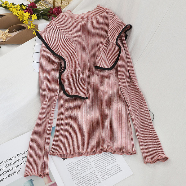 Modern női bársony blúz több színben, félmagas gallérral