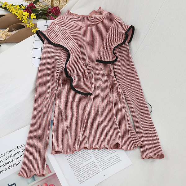 Modern női bársony blúz több színben, félmagas gallérral