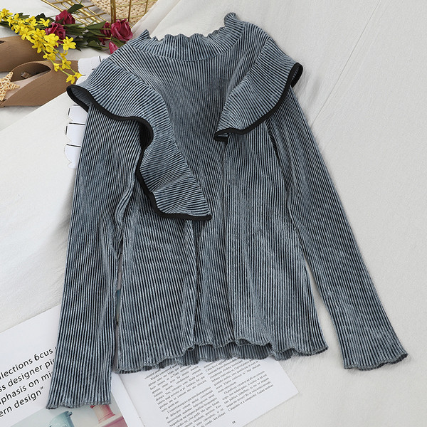 Modern női bársony blúz több színben, félmagas gallérral