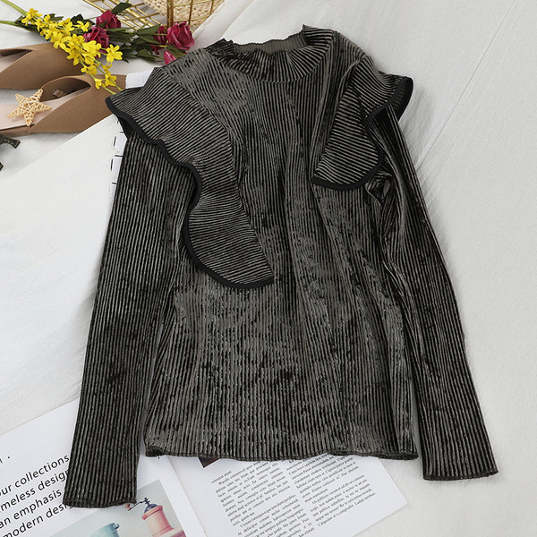 Modern női bársony blúz több színben, félmagas gallérral