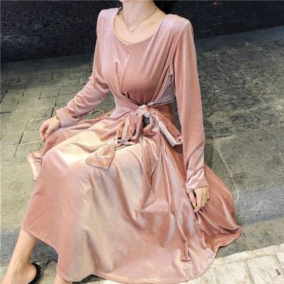 Γυναικείο βελούδο φόρεμα σε ροζ και κίτρινο χρώμα