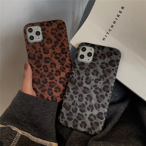 Плюшен калъф с леопардов принт за  Iphone 11 Pro Max в кафяв и сив цвят