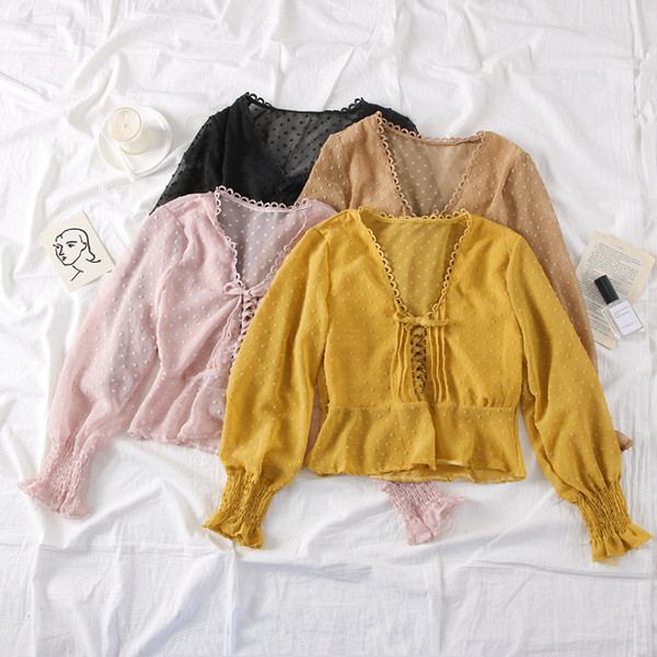 Új modell női sifon blúz spitz nyakkivágással és több színben megkötővel