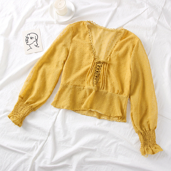 Új modell női sifon blúz spitz nyakkivágással és több színben megkötővel