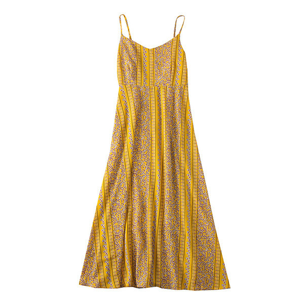 Alkalmi női ruha vékony pántokkal, sárga, piros és fekete mintával