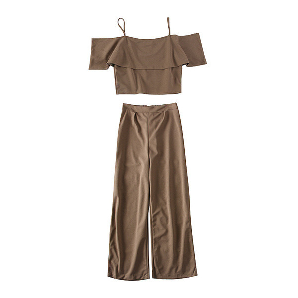 Set de dama bluza din doua piese cu bretele subtiri si umerii goi + pantaloni largi in mai multe culori