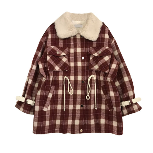 Дамско карирано палто с джобове,мека яка и връзки на талията в червен,черен и кафяв цвят