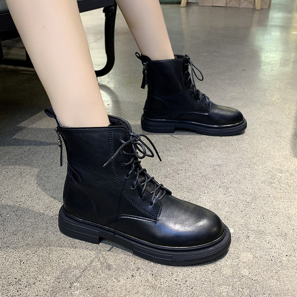 Cizme de dama toamna-iarna cu talpa plata din piele ecologica de culoare neagra