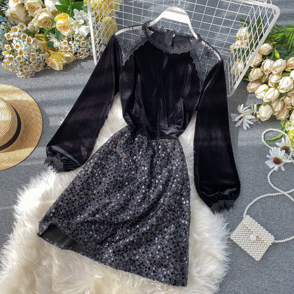 Rochie de dama din catifea cu paiete in negru