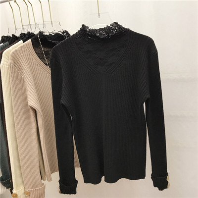 Pulover de dama modern cu guler polo si nasturi din dantela in mai multe culori