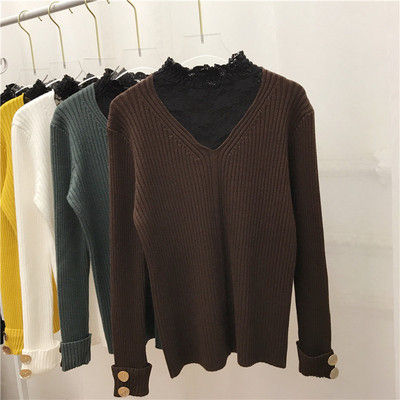 Pulover de dama modern cu guler polo si nasturi din dantela in mai multe culori