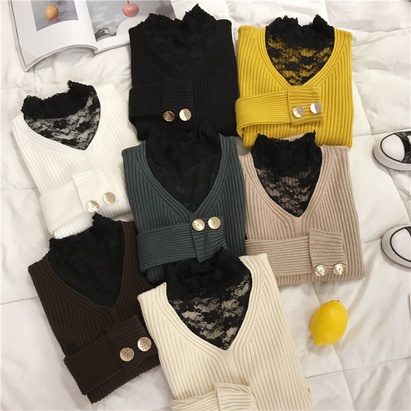 Pulover de dama modern cu guler polo si nasturi din dantela in mai multe culori