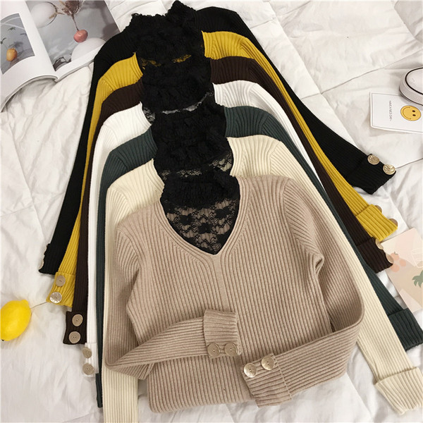 Pulover de dama modern cu guler polo si nasturi din dantela in mai multe culori