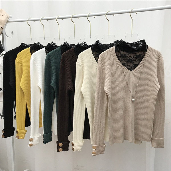 Pulover de dama modern cu guler polo si nasturi din dantela in mai multe culori