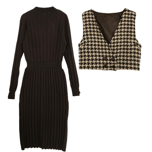 Rochie de dama cu guler polo si maneci lungi + vesta in carouri