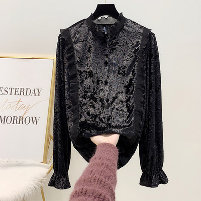 Cămașă de damă modernă din catifea cu guler scăzut în alb-negru