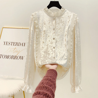 Cămașă de damă modernă din catifea cu guler scăzut în alb-negru