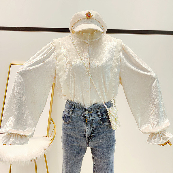 Cămașă de damă modernă din catifea cu guler scăzut în alb-negru