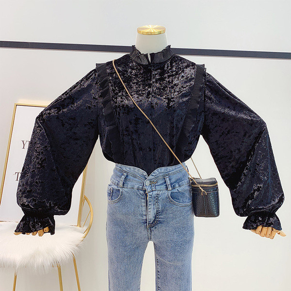 Cămașă de damă modernă din catifea cu guler scăzut în alb-negru