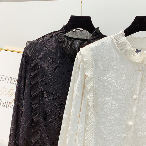 Cămașă de damă modernă din catifea cu guler scăzut în alb-negru