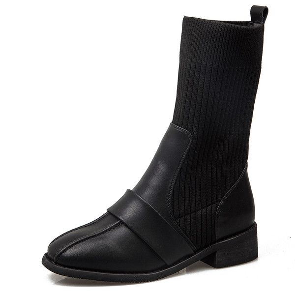 Női csizma típusú zokni eko bőrből és textilből fekete színben