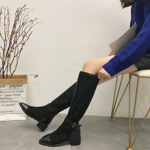 Cizme de dama pana la genunchi din piele intoarsa ecologica cu catarama