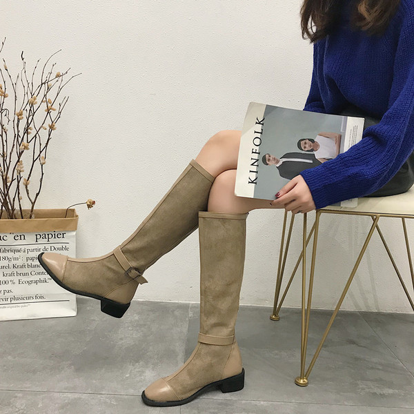 Cizme de dama pana la genunchi din piele intoarsa ecologica cu catarama