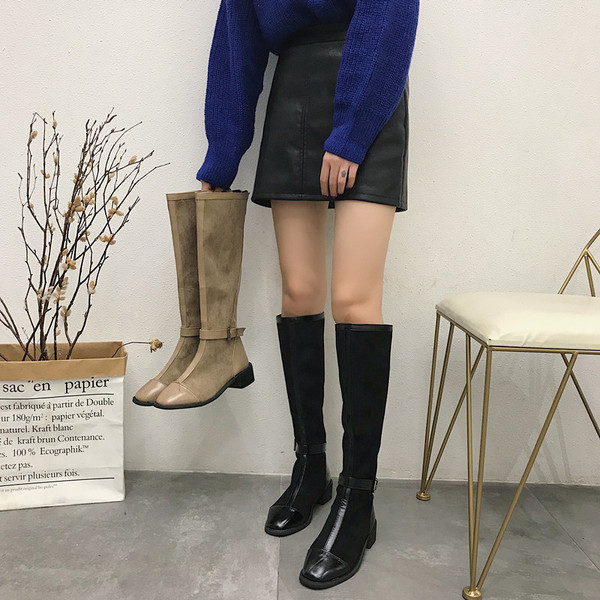 Cizme de dama pana la genunchi din piele intoarsa ecologica cu catarama